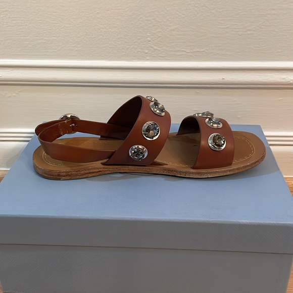 Prada Brown Leather Sandals with Large Rhinestones - Picture 2 of 9